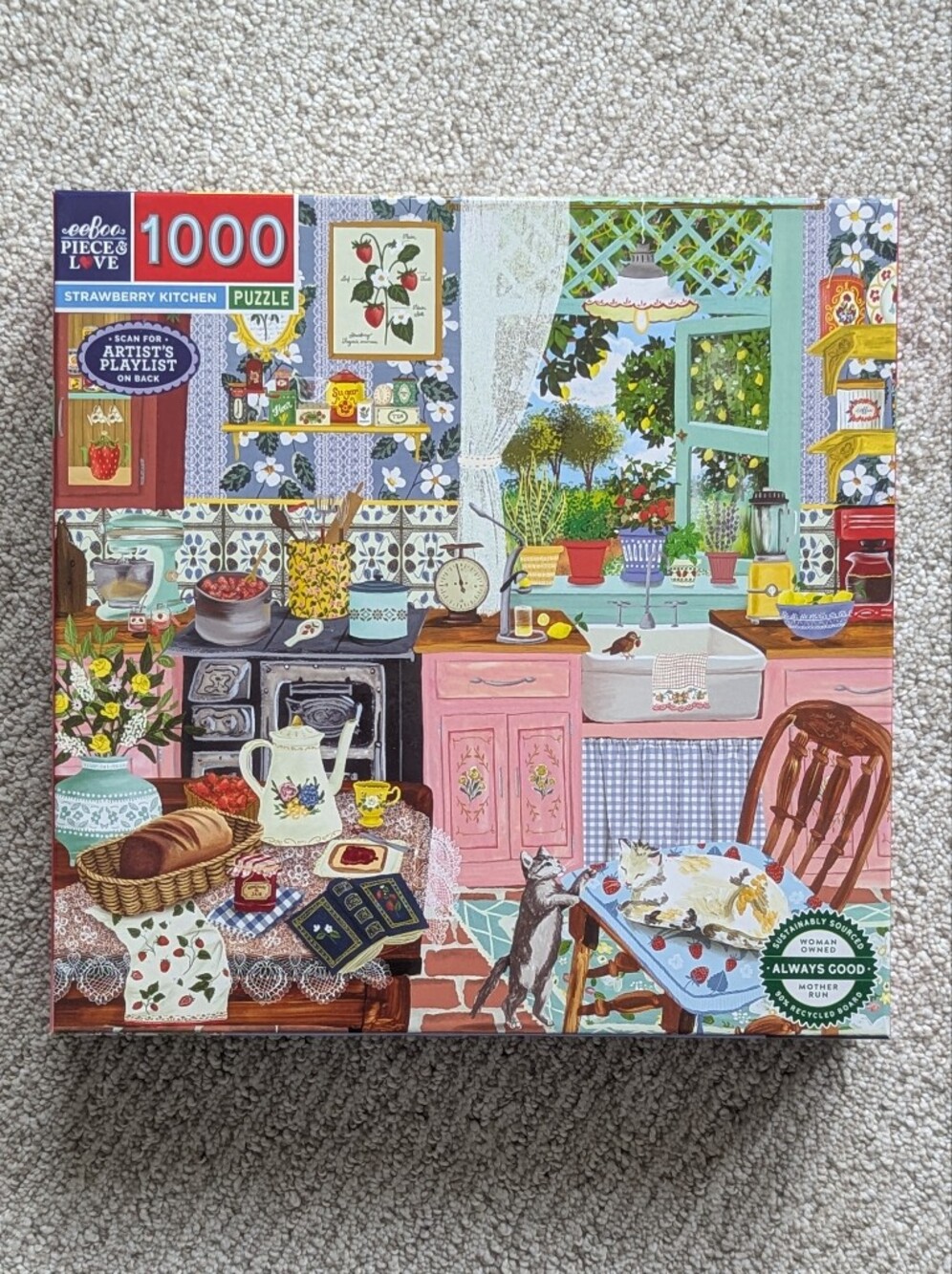 eeBoo Strawberry Kitchen Abby Jacobs 1000 Piece Square Jigsaw Puzzle